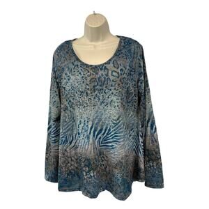 Madison & Berkeley Womens Lace Long Sleeve Top Size XL Animal Print Round Neck